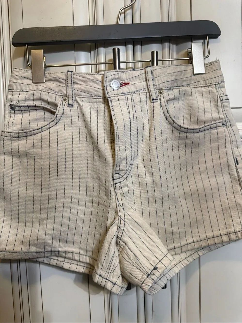 Zara Teen Stretch High Waisted Striped Denim Shorts Cream Blue Size 12-13